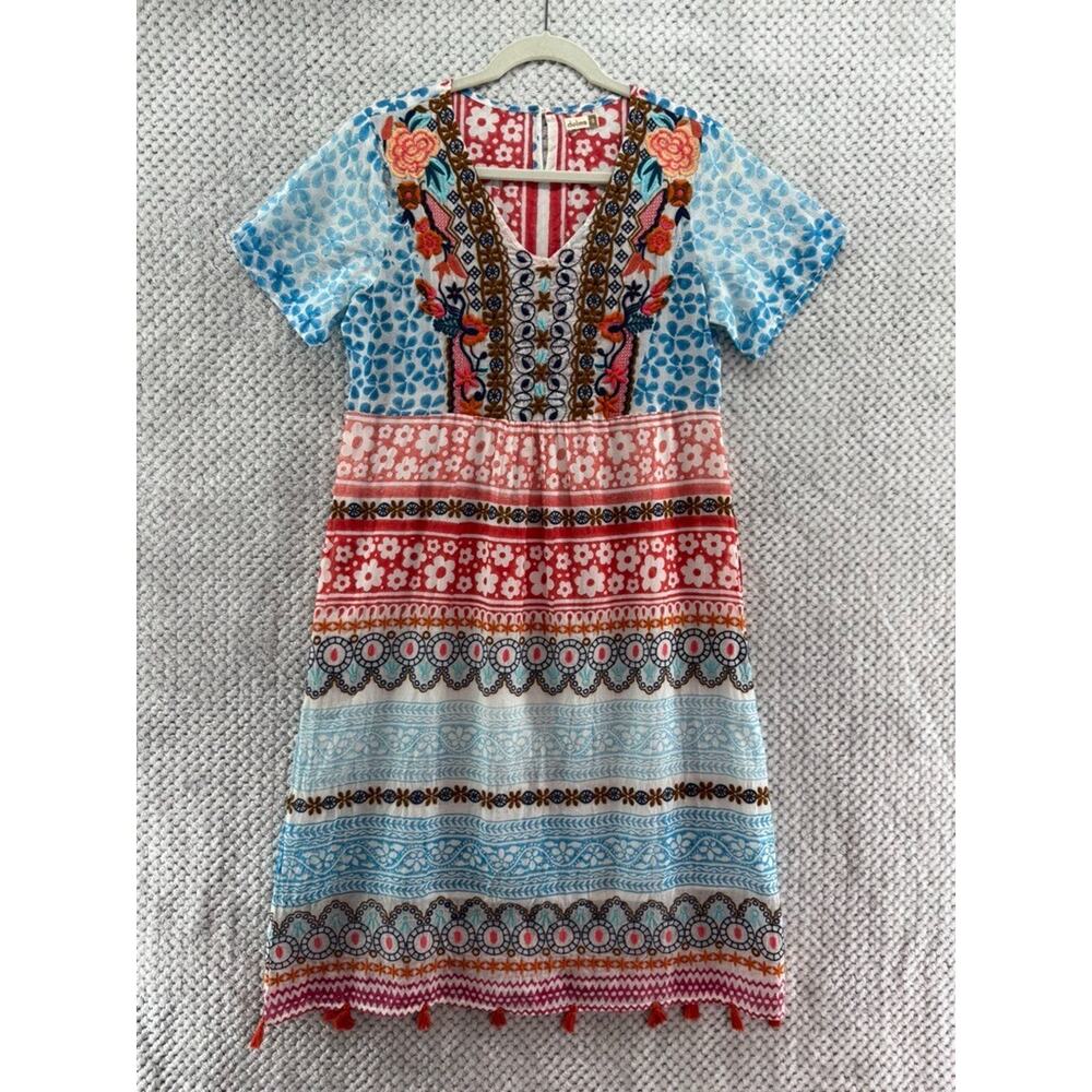 Dolma Anthropologie Dress Women S Red Blue Floral Embroidered V-Neck Boho Beach